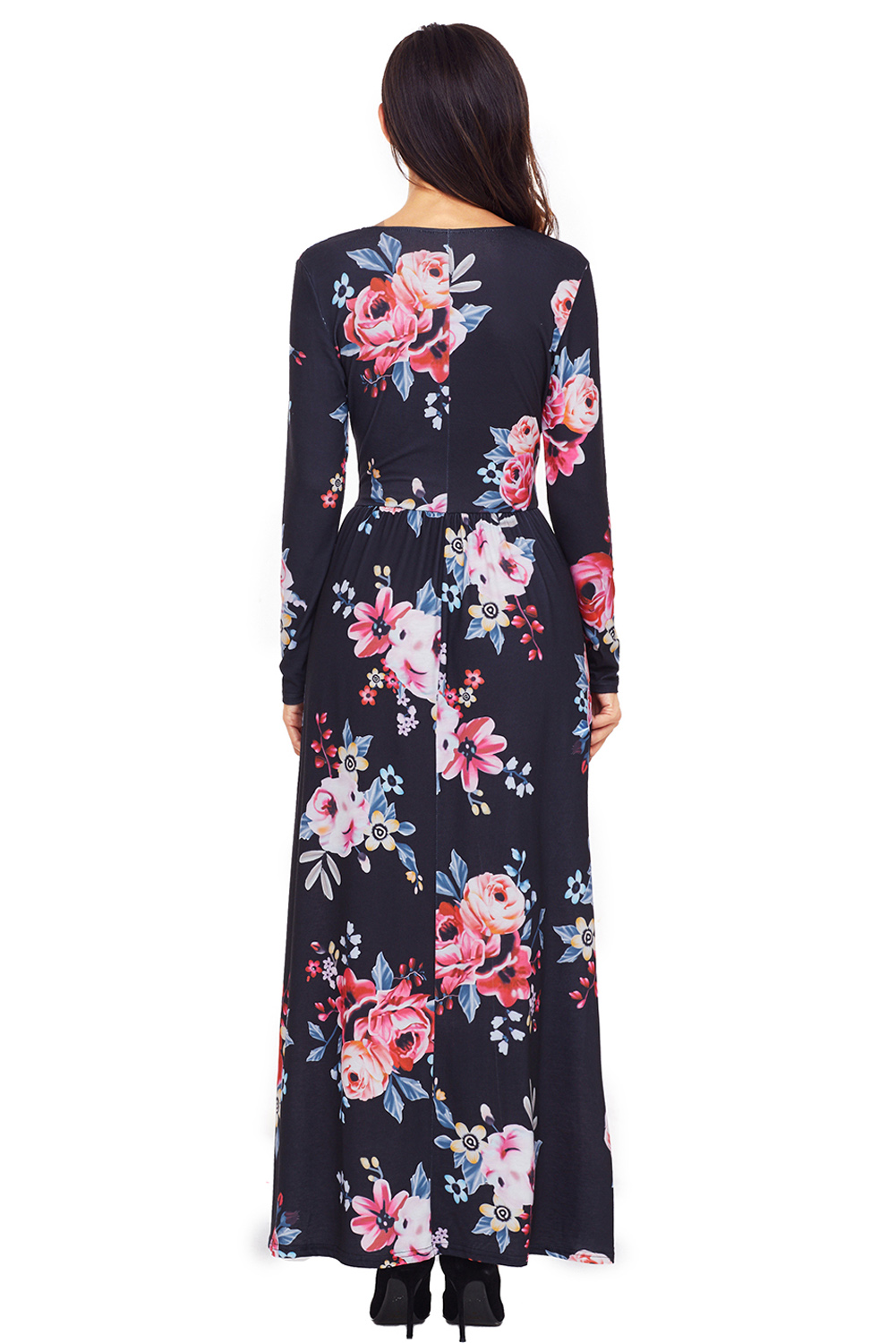 BY61772-2 Black Floral Surplice Long Sleeve Maxi Boho Dress